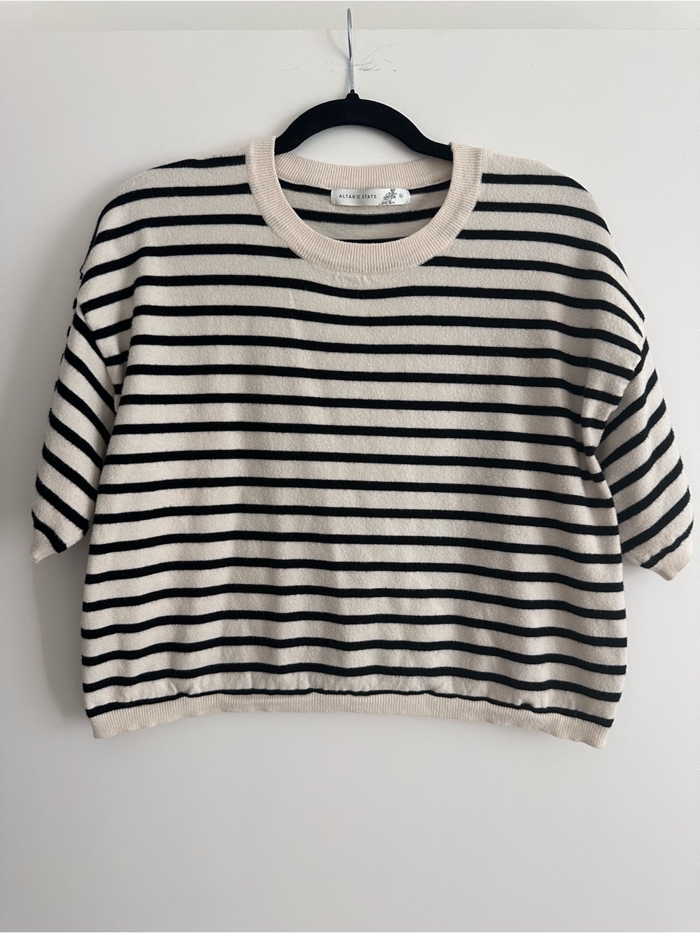 Altar'd State Black and Cream Striped Short-Sleeve Crew Sweater